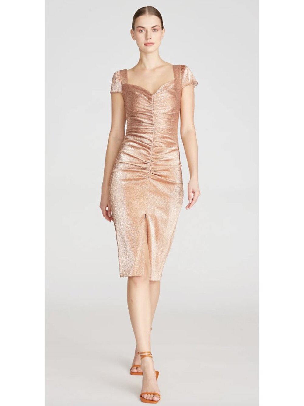 THEIA Renee Ruched Cocktail Dress Soft Peach Metallic US 12 Wedding Evening
